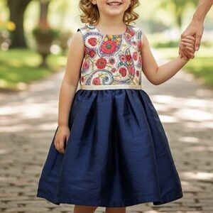 ATUN Girls Paisley Print Bodice Navy Blue Full Skirt Party Occasion Dress 1-2Y